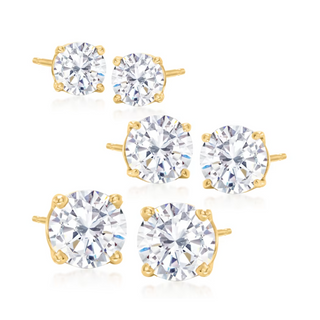 14K Gold over Sterling Silver Stud Earrings with Simulated Diamonds set of 3 (6 total pieces)