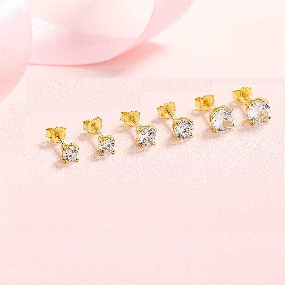 14K Gold over Sterling Silver Stud Earrings with Simulated Diamonds set of 3 (6 total pieces)