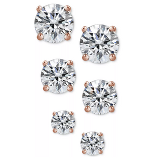 14K Gold over Sterling Silver Stud Earrings with Simulated Diamonds set of 3 (6 total pieces)