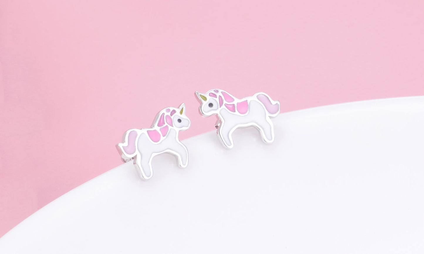 Sterling Silver Pink and White Unicorn Stud Earrings