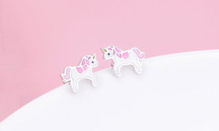 Sterling Silver Pink and White Unicorn Stud Earrings