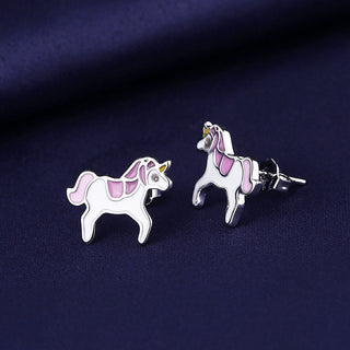 Sterling Silver Pink and White Unicorn Stud Earrings