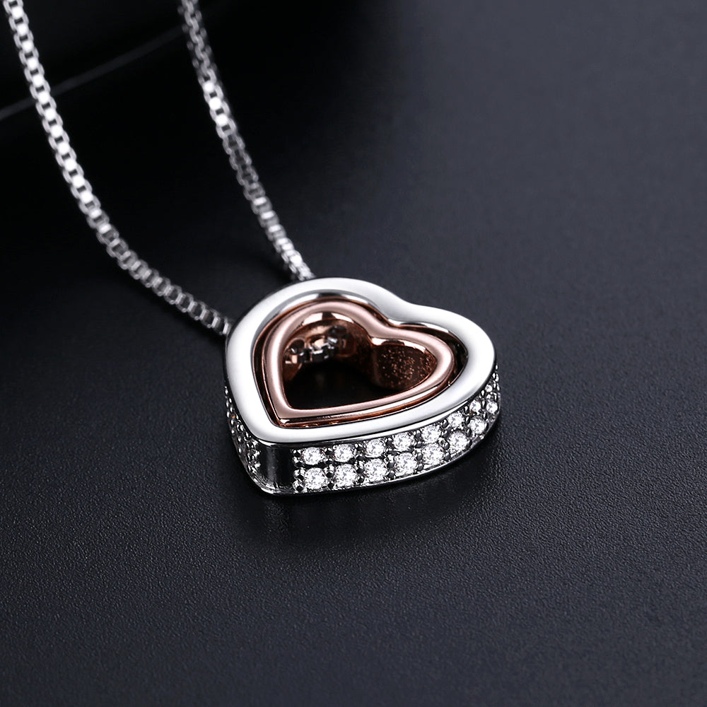 18K White and Rose Gold Two-Tone Crystal Heart Necklace Inscribed "Love You"