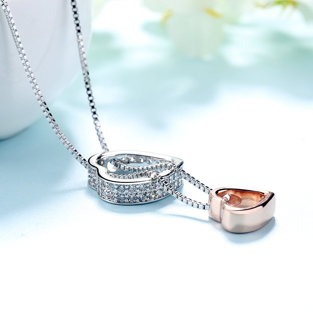 18K White and Rose Gold Two-Tone Crystal Heart Necklace Inscribed "Love You"