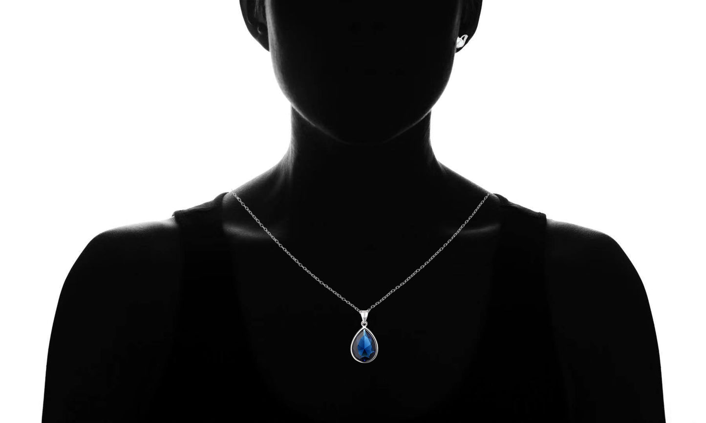 Sterling Silver Tear Drop Sapphire Pendant Necklace