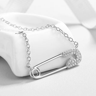 Sterling Silver Safety Pin With Swarovski Crystals Pendant Necklace