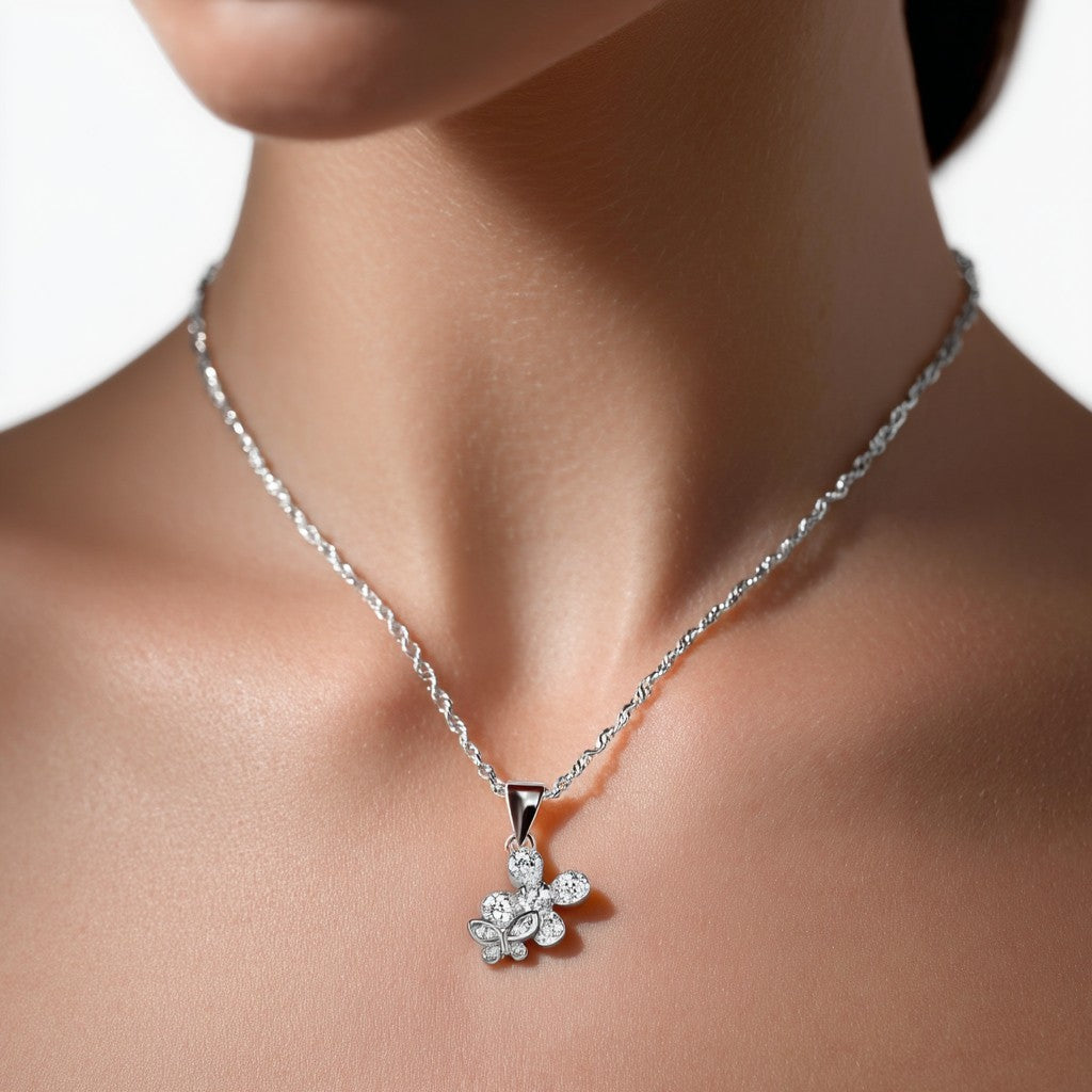 Sterling Silver and Genuine Crystal Butterfly on Flower Pendant Necklace