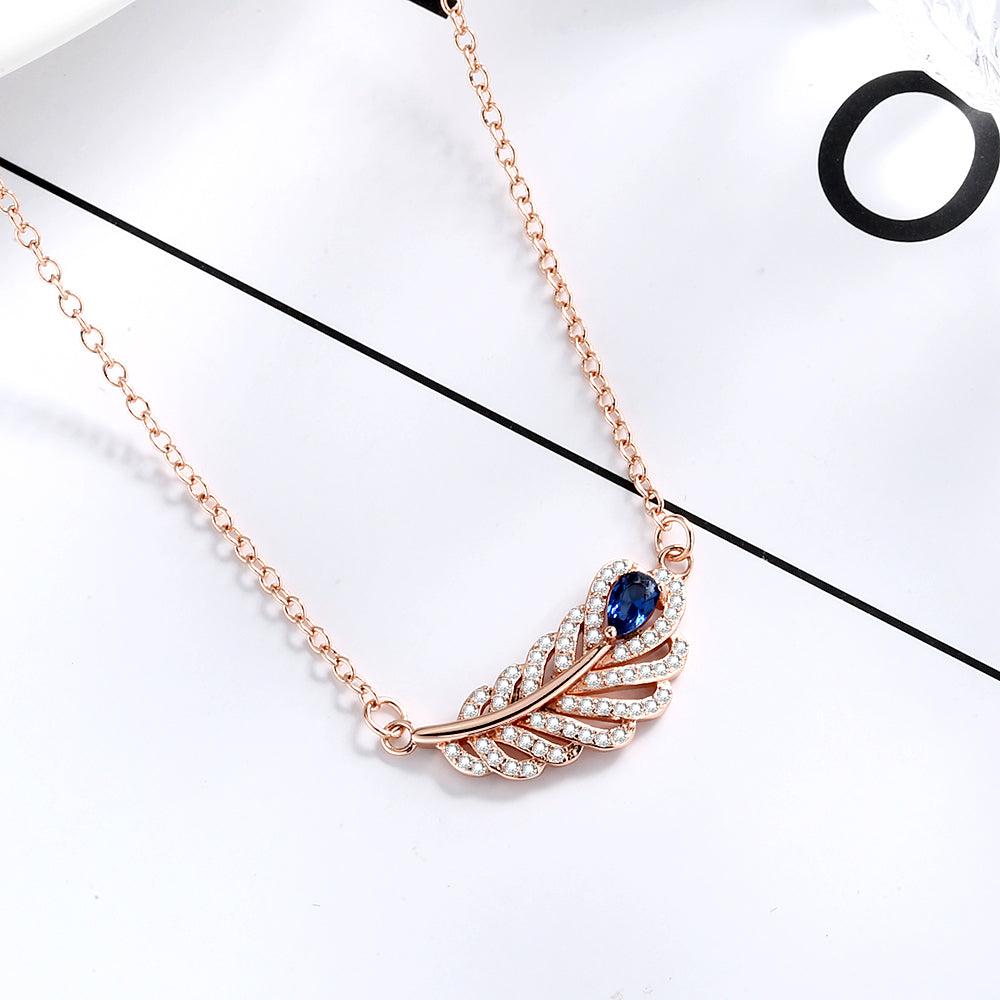 Sterling Silver and 14K Rose Gold Sapphire Leaf Pendant Necklace