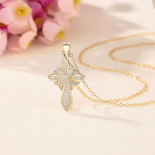 14K Gold And 14K White Gold Studded Cross Pendant Necklace