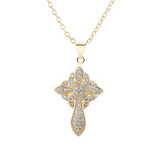 14K Gold And 14K White Gold Studded Cross Pendant Necklace