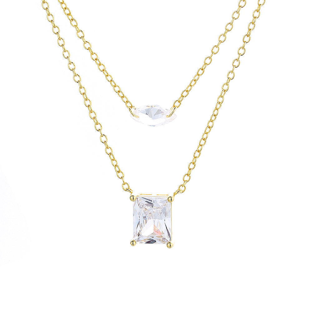 14K Gold Layered Pendant Necklace with Simulated Diamonds