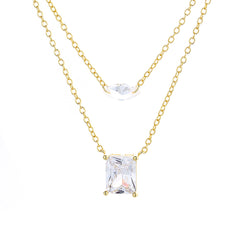 14K Gold Layered Pendant Necklace with Simulated Diamonds