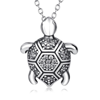 Solid Sterling Silver Turtle Pendant Necklace With Genuine Crystals