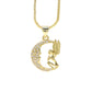 14K Gold Angel and Moon Pendant Necklace with Genuine Crystals