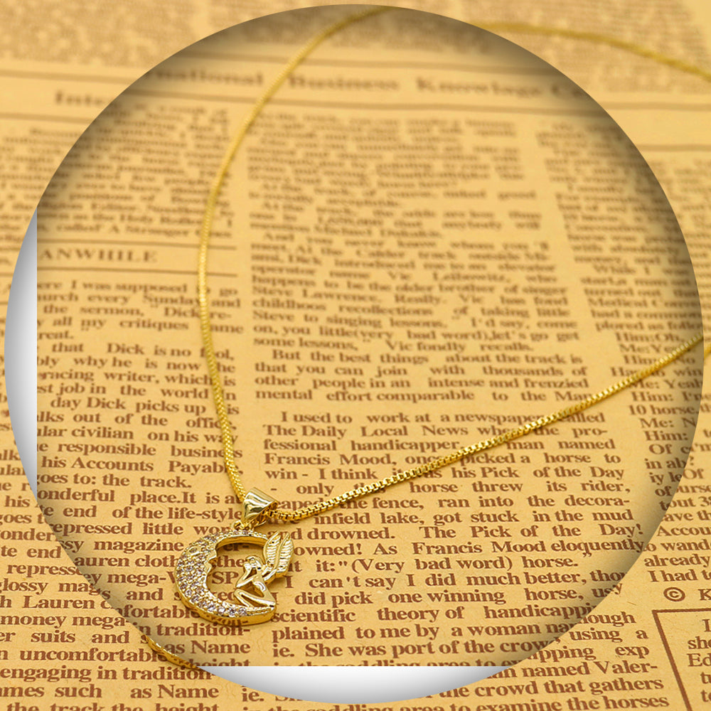 14K Gold Angel and Moon Pendant Necklace with Genuine Crystals