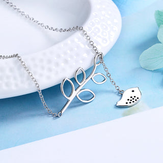 Sterling Silver Lariat Bird and Leaf Pendant Necklace