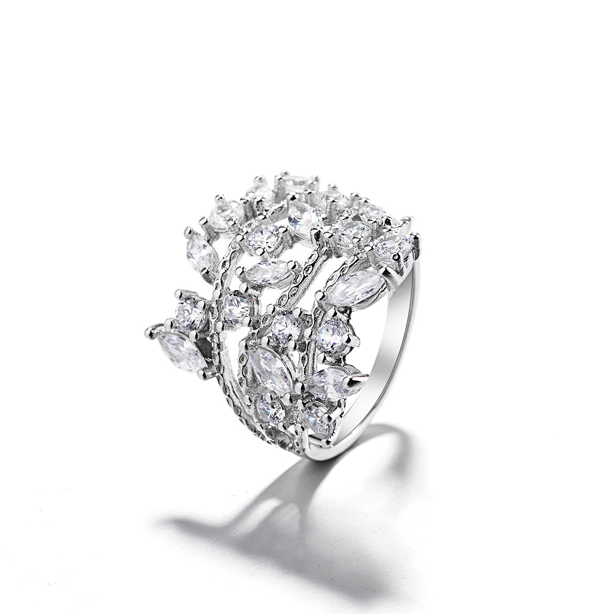 14K White Gold Plated Crystal Plated Leaf Ring with crystals