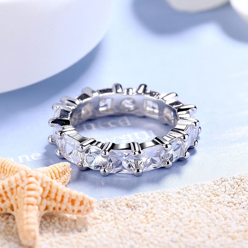 14K White Gold Brilliant & Princess Cut Eternity Ring with Simulated Diamonds