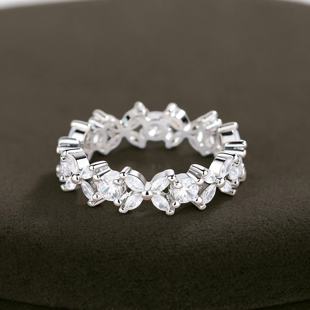 14K White Gold Flower Eternity Ring with Crystals