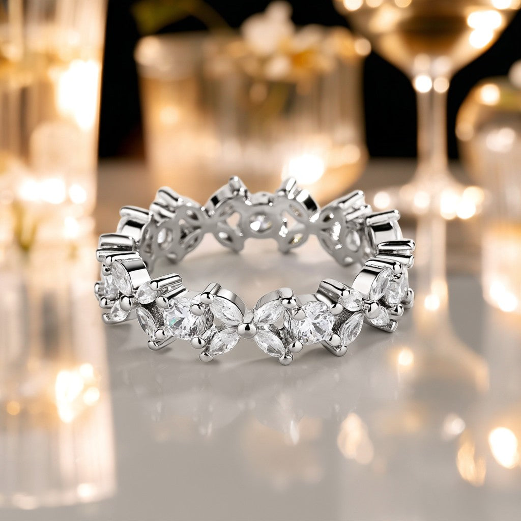 14K White Gold Flower Eternity Ring with Crystals