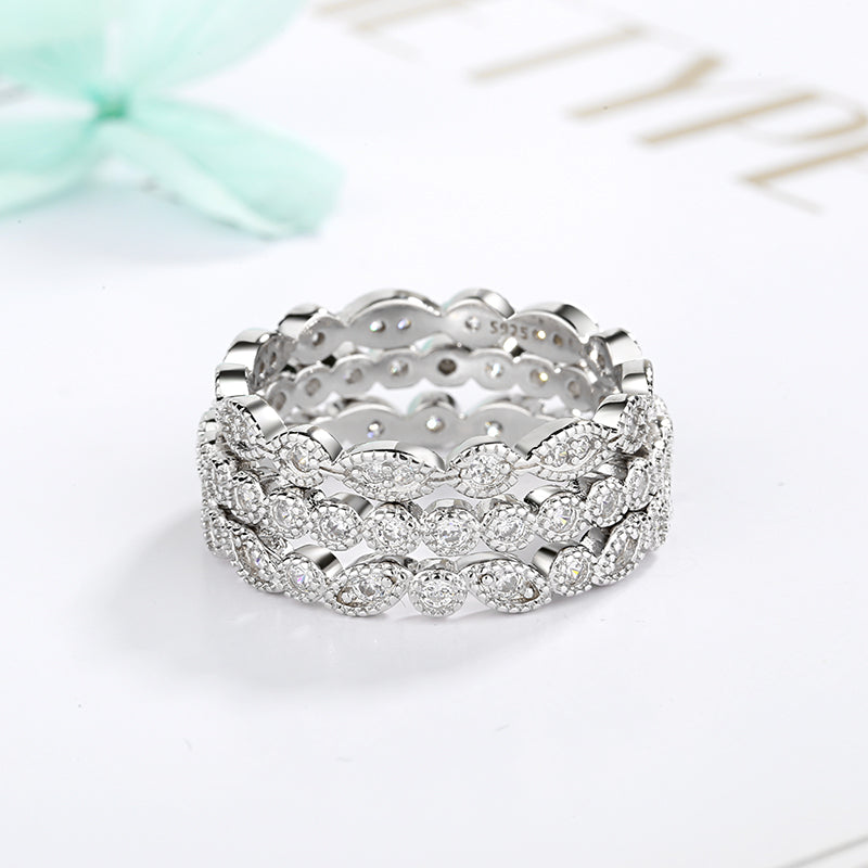 18K White Gold Milgrain Eternity Band Set with Crystals