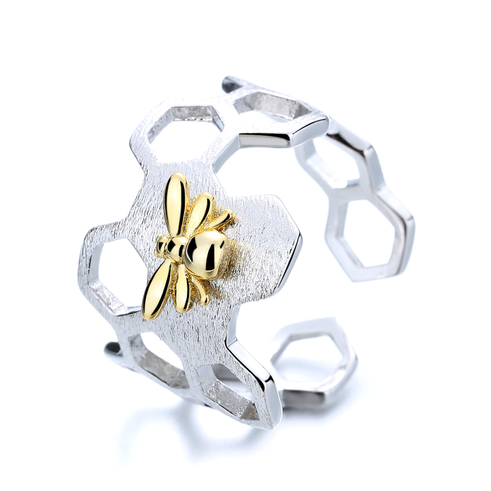 Sterling Silver Bee and Honey Comb Bypass Ring