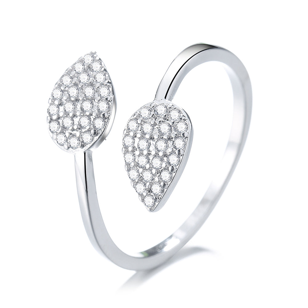 Sterling Silver Bypass Double Leaf Ring With Simulated Diamonds