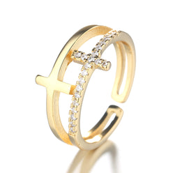 18k White Gold, Yellow Gold. and Rose Gold Sideways Cross Ring with Crystals