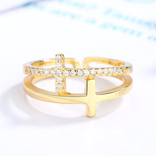 18k White Gold, Yellow Gold. and Rose Gold Sideways Cross Ring with Crystals