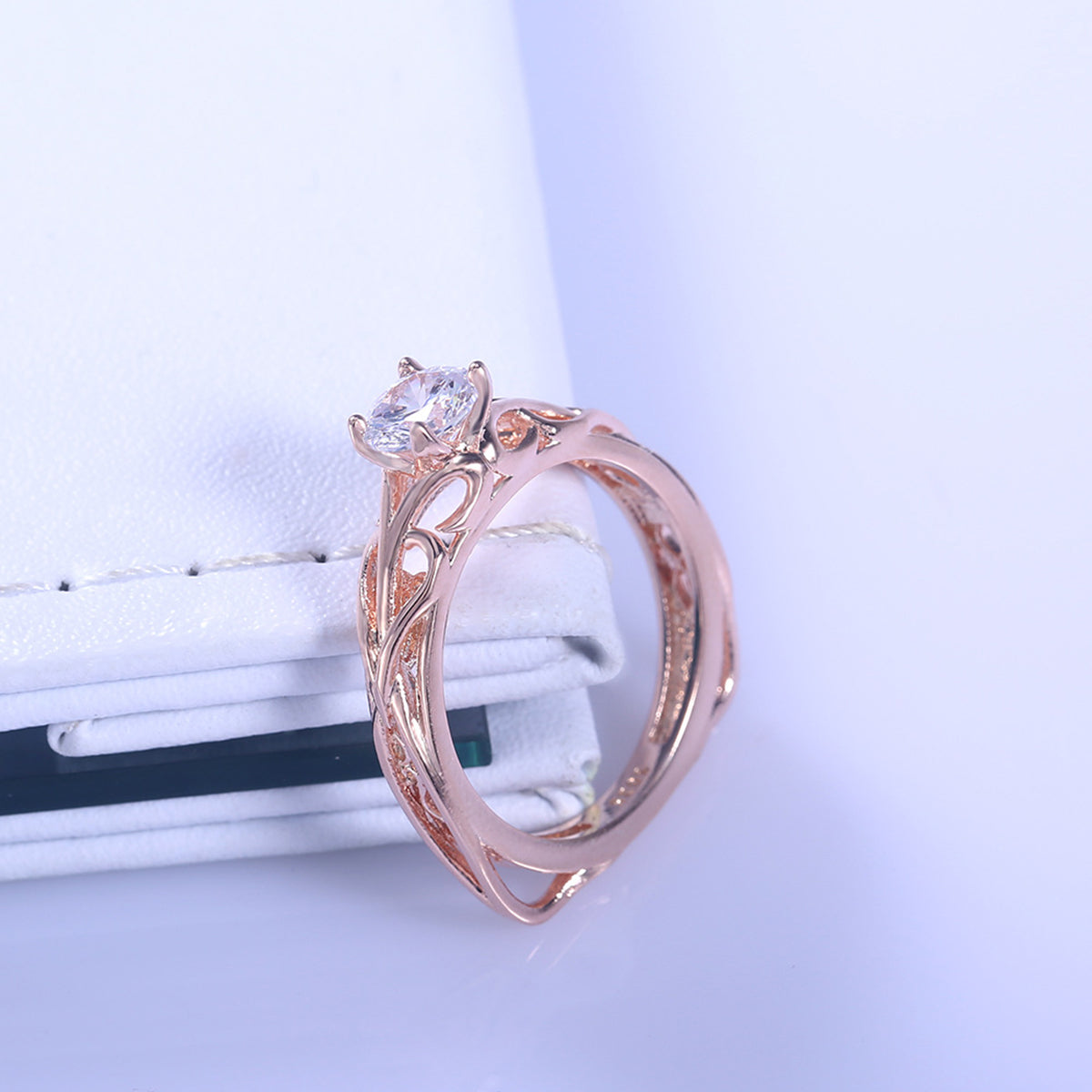 14k Rose Gold Filigree Engagement Ring with crystals