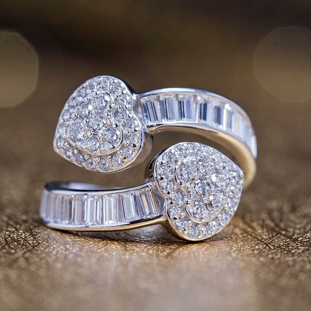18K White Gold Double Heart Bypass Ring with crystals from Swarovski