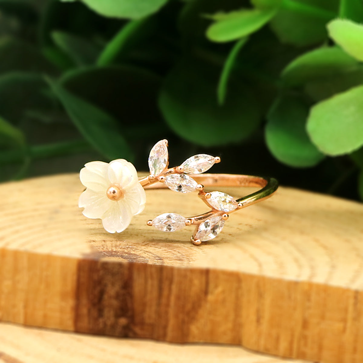 14K Rose Gold Floral Bypass Ring With Crystals