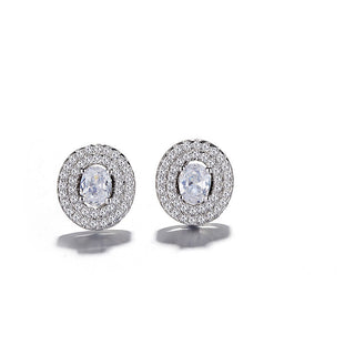 Sterling Silver Double Halo Oval Stud Earrings