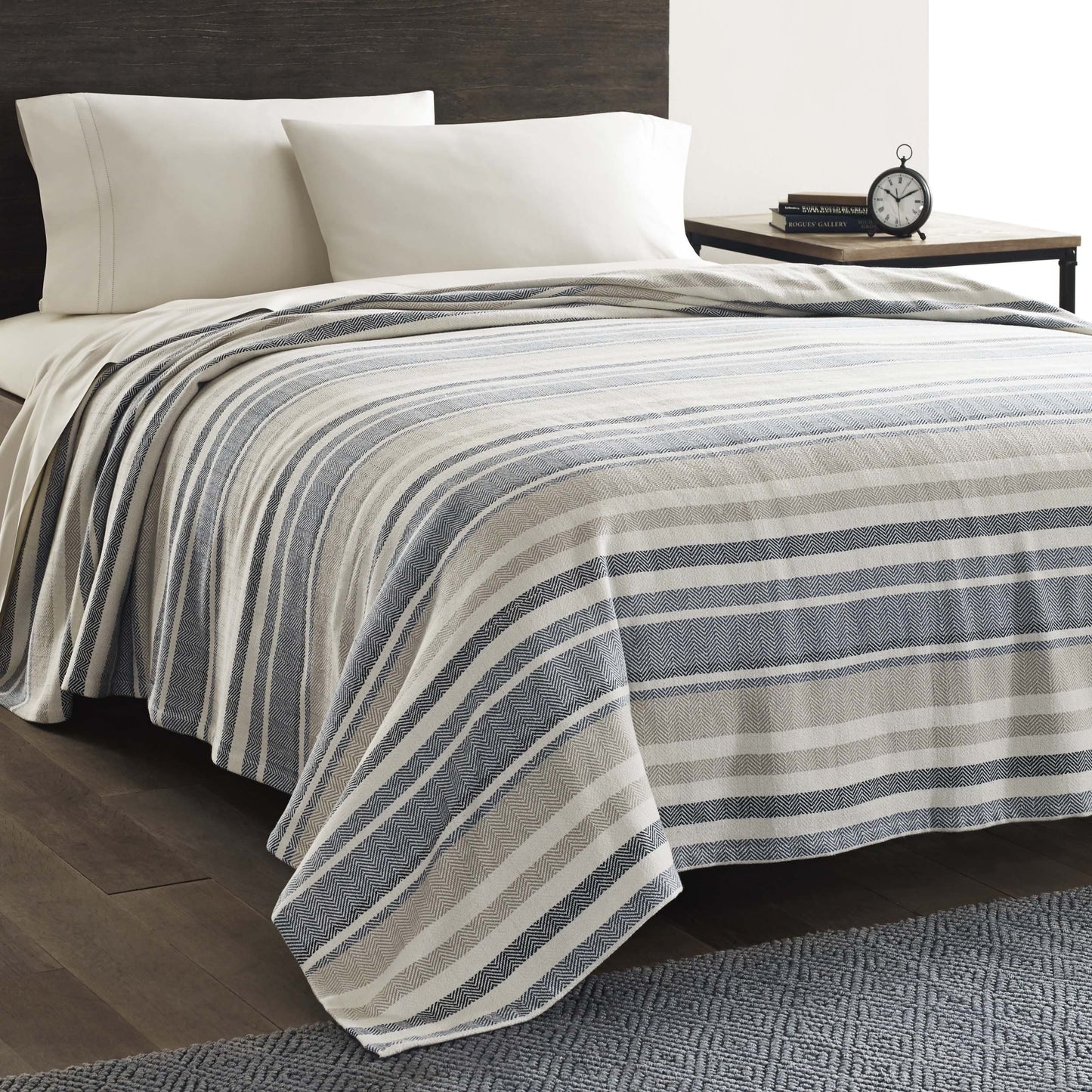 Eddie Bauer Herringbone Blue Stripe Cotton Blanket