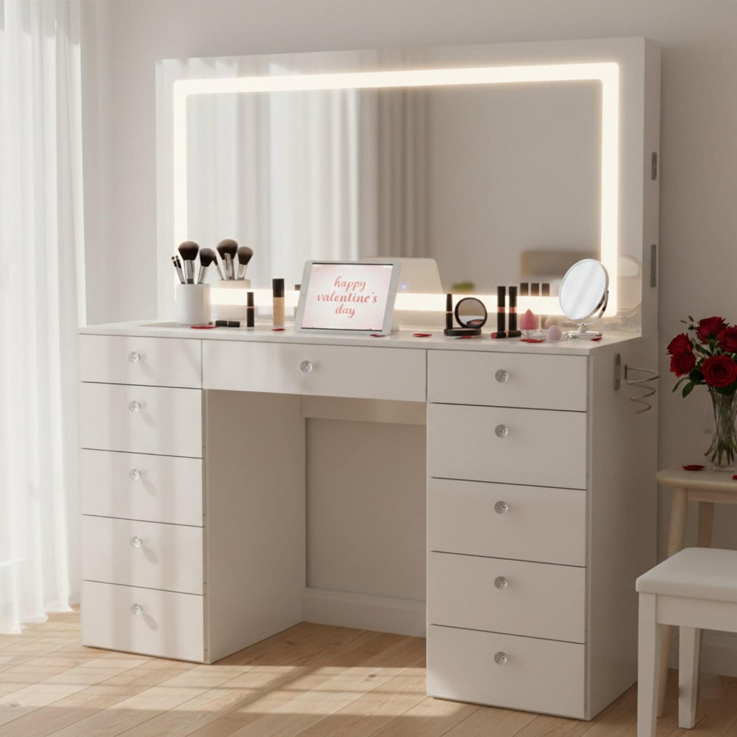 ExtraLarge Vanity Desk with LED Mirror Bluetooth Speakers 11 Drawers and USB Ports