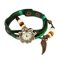 New! Beautiful Bohemian Style Retro Handmade Leather Angel Wing Women\'s Watches-green