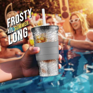 Freezable Iced Coffee Cup with Lid and Straw - Reusable Insulated Ice Tumbler with Grip Sleeve