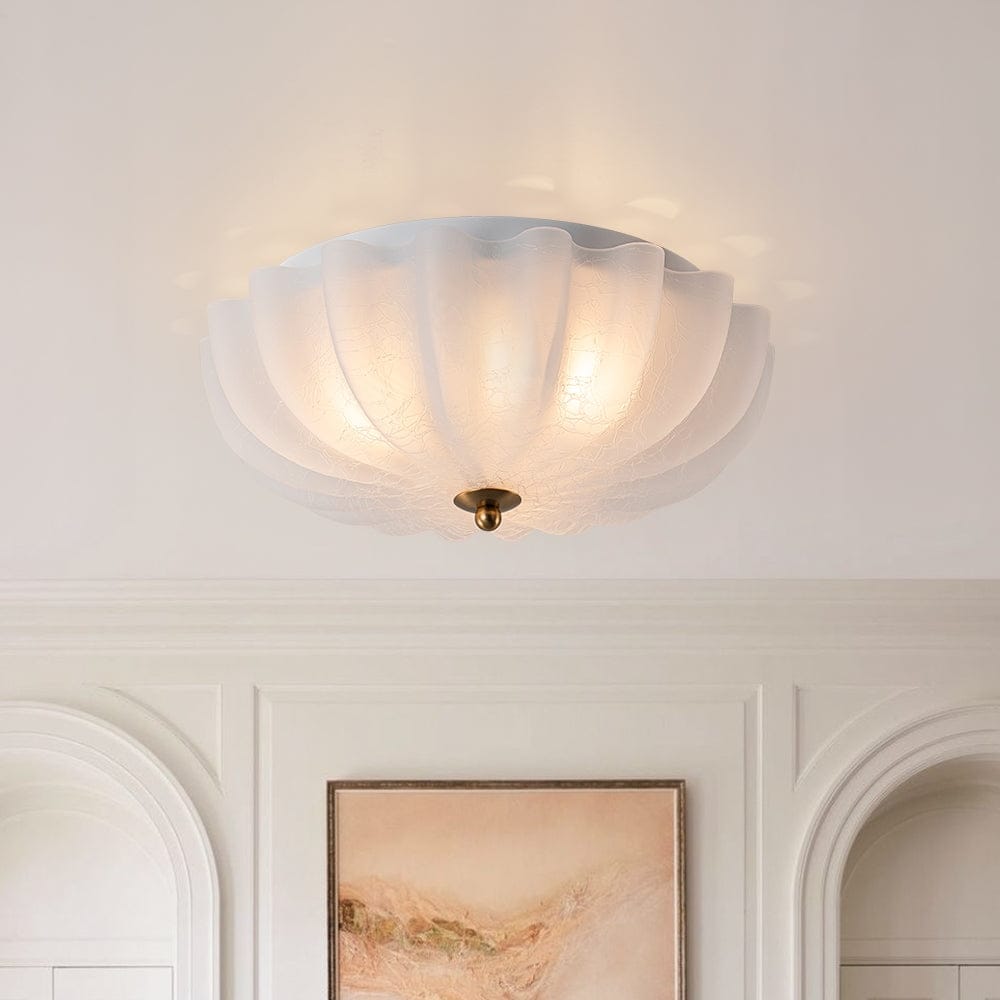 French Textured Frosted White Glass Scalloped Round Ceiling Light