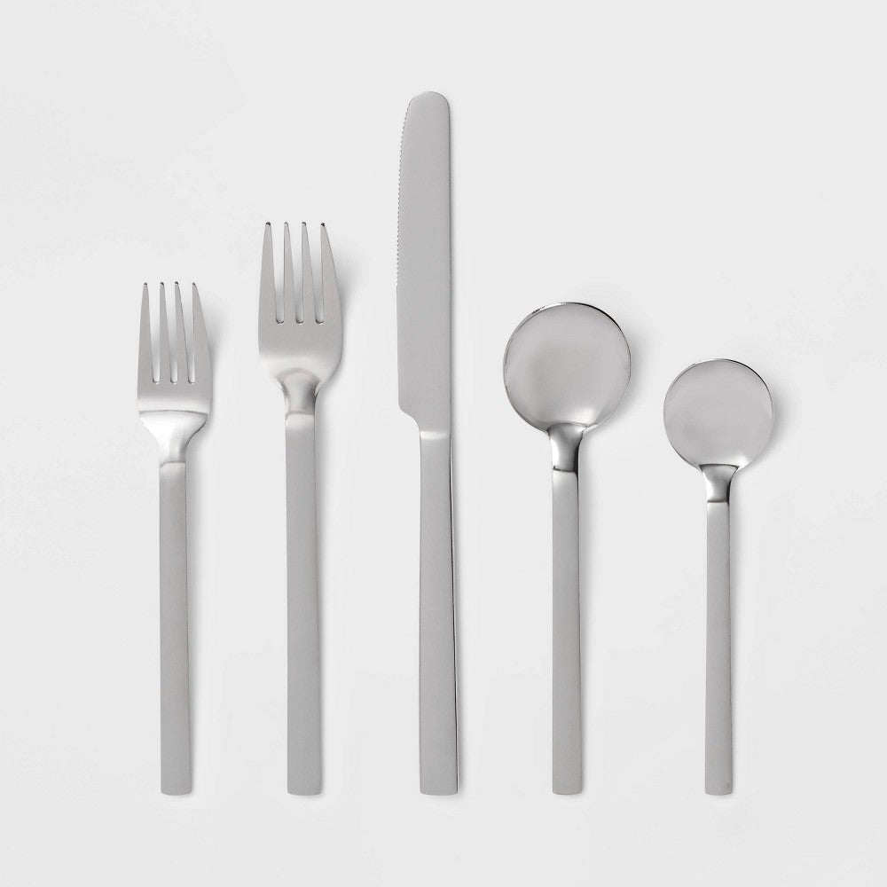 30pc Squared Straight Flatware Set with Caddy  Room Essentials™ Silverware Set Service for 6 Forks Spoons Knives