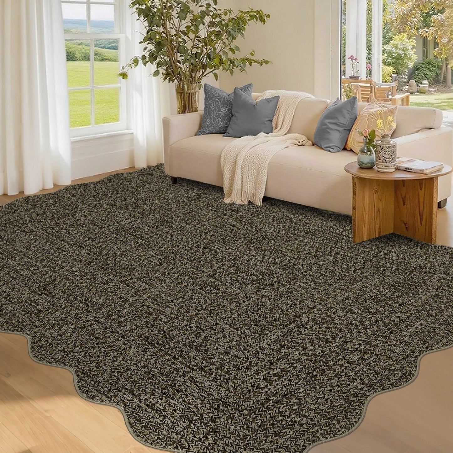 Garvee Scalloped Braided Printed Area Rug Washable Non Slip Low Pile Accent Rug Soft Foldable Rugs