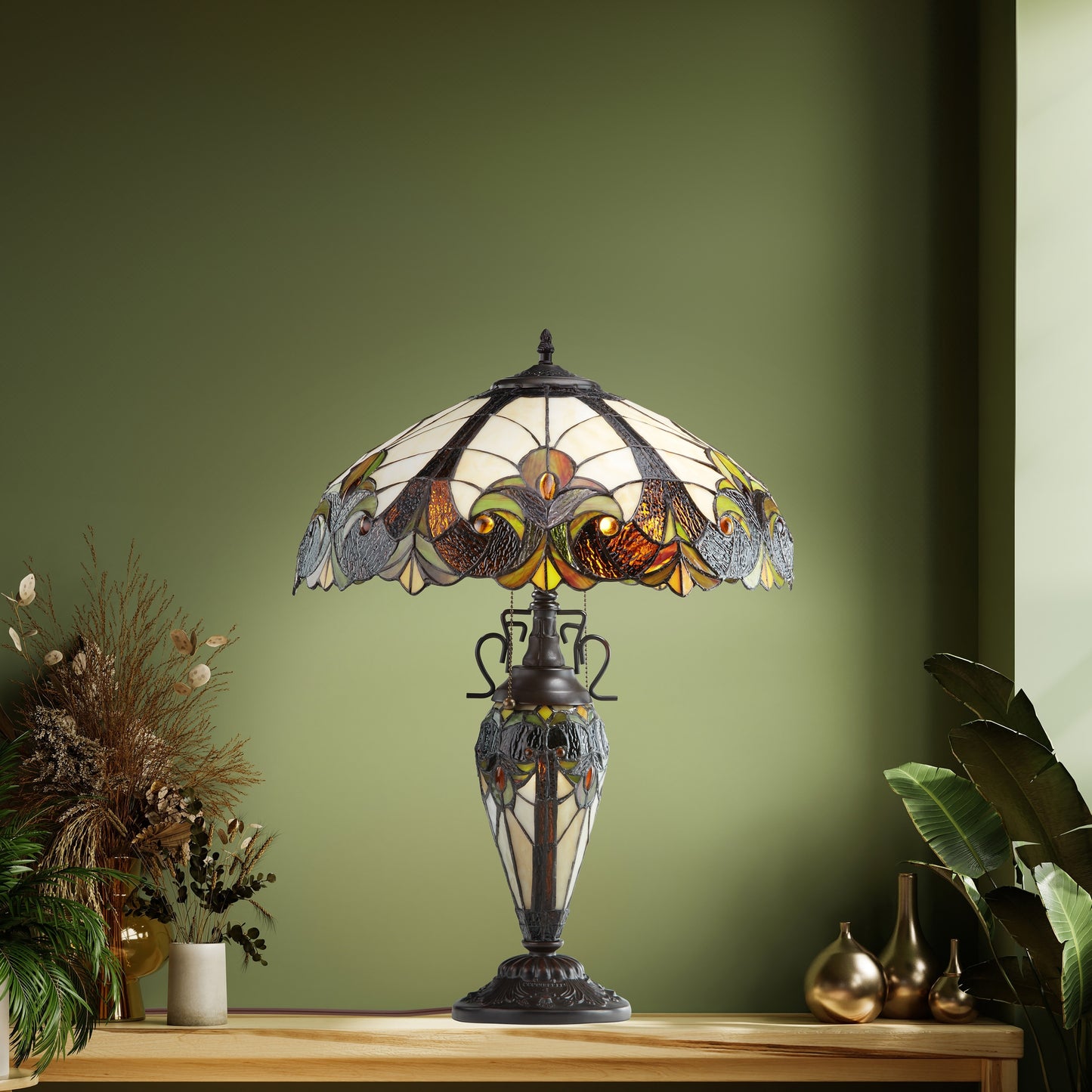Gracewood Hollow Lemsine Brown and Cream 2light Art Glass Table Lamp