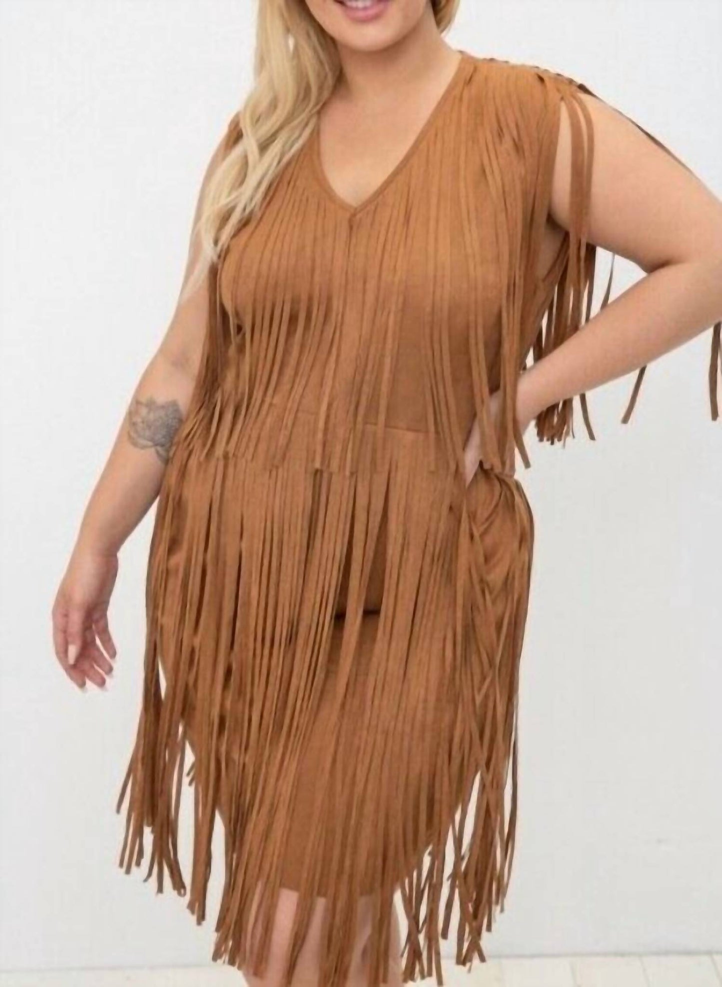 Vocal Apparel - FAUX SEUDE FRINGE TUNIC DRESS
