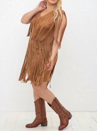 Vocal Apparel - FAUX SEUDE FRINGE TUNIC DRESS