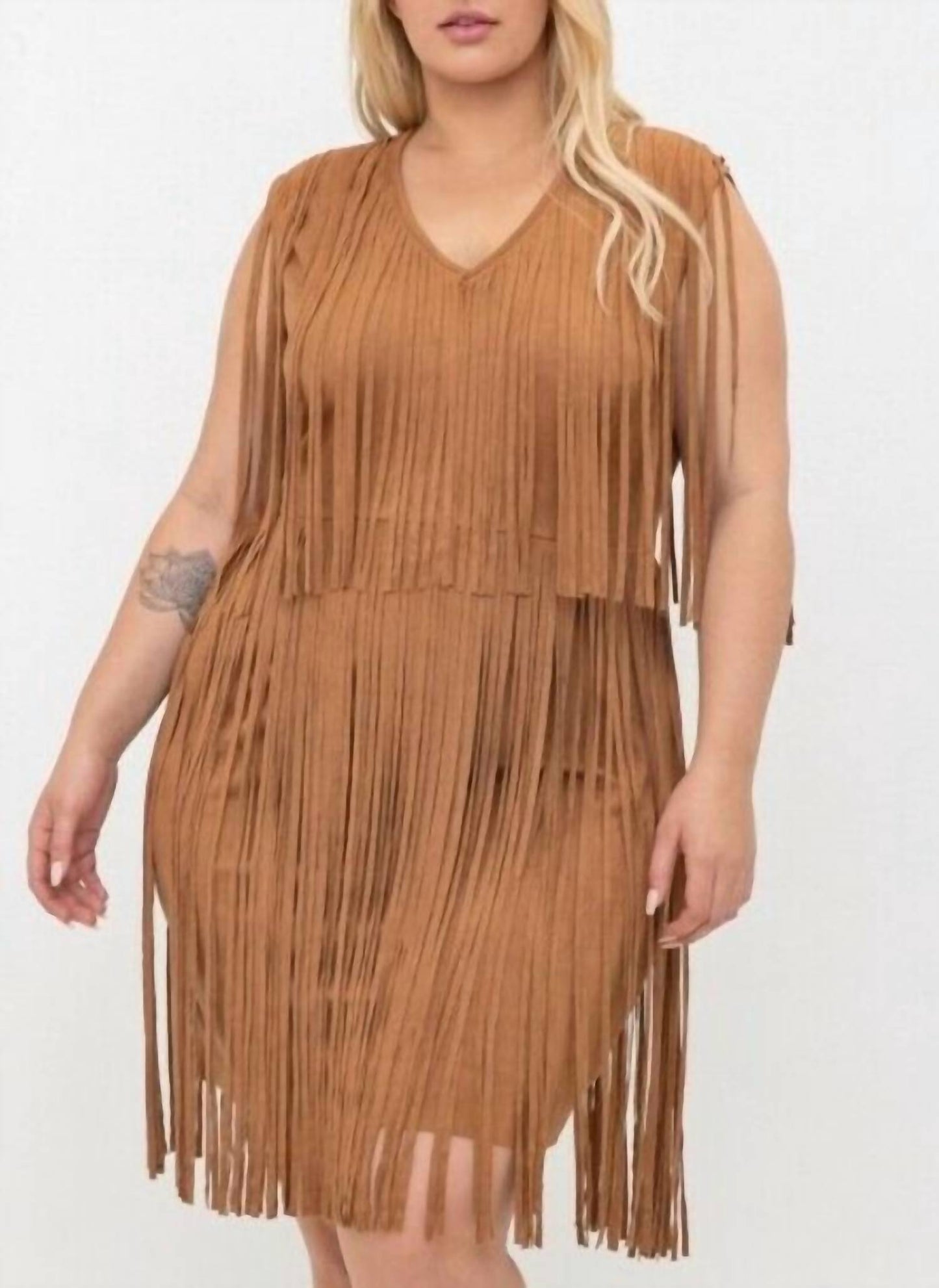 Vocal Apparel - FAUX SEUDE FRINGE TUNIC DRESS
