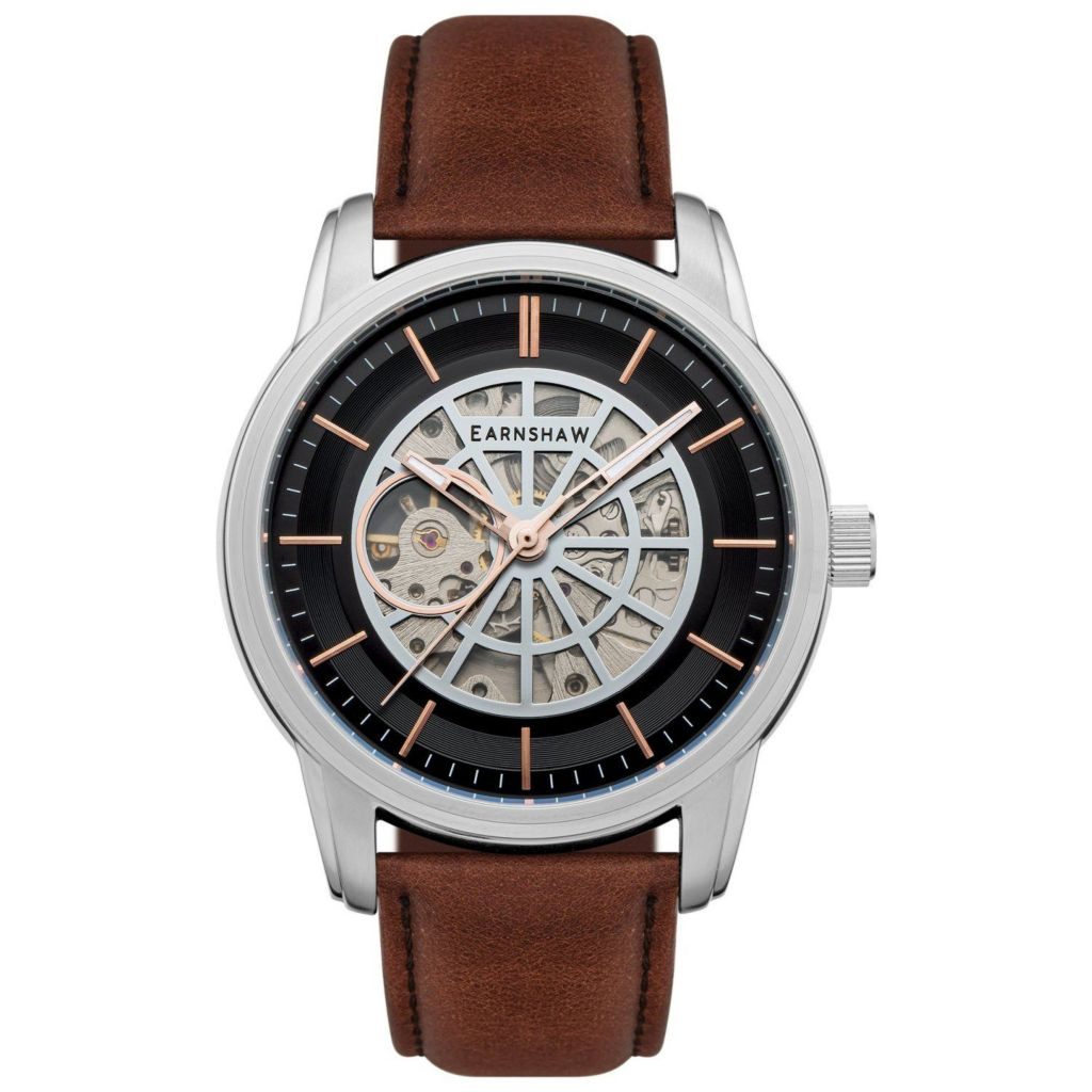 Thomas Earnshaw Men's Radius Skele 45mm Black Dial Leather Watch