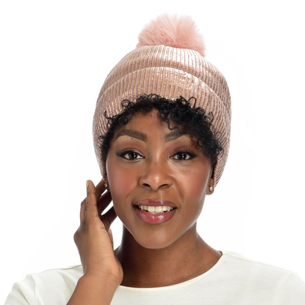 Muse Royale Knit Metallic Foil Detailed Pom Pom Beanie