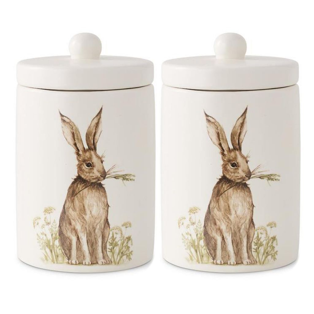 At Home w/ Jorge Parez White Ceramic Canister w/ Vintage Bunny Set of 2