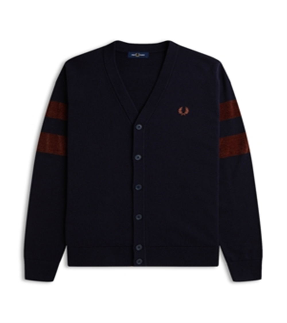 Fred Perry Merino Wool & Cotton Textured Tipping Regular Fit V Neck Cardigan Navy Size S