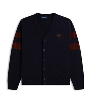 Fred Perry Merino Wool & Cotton Textured Tipping Regular Fit V Neck Cardigan Navy Size S