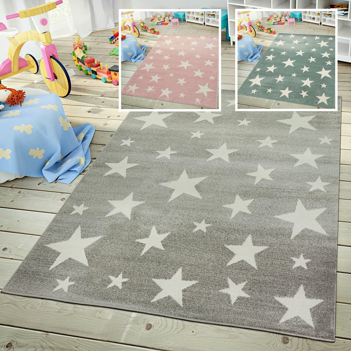 Kids Rug with Stars for Nursery Starry Sky in grey pink and green
